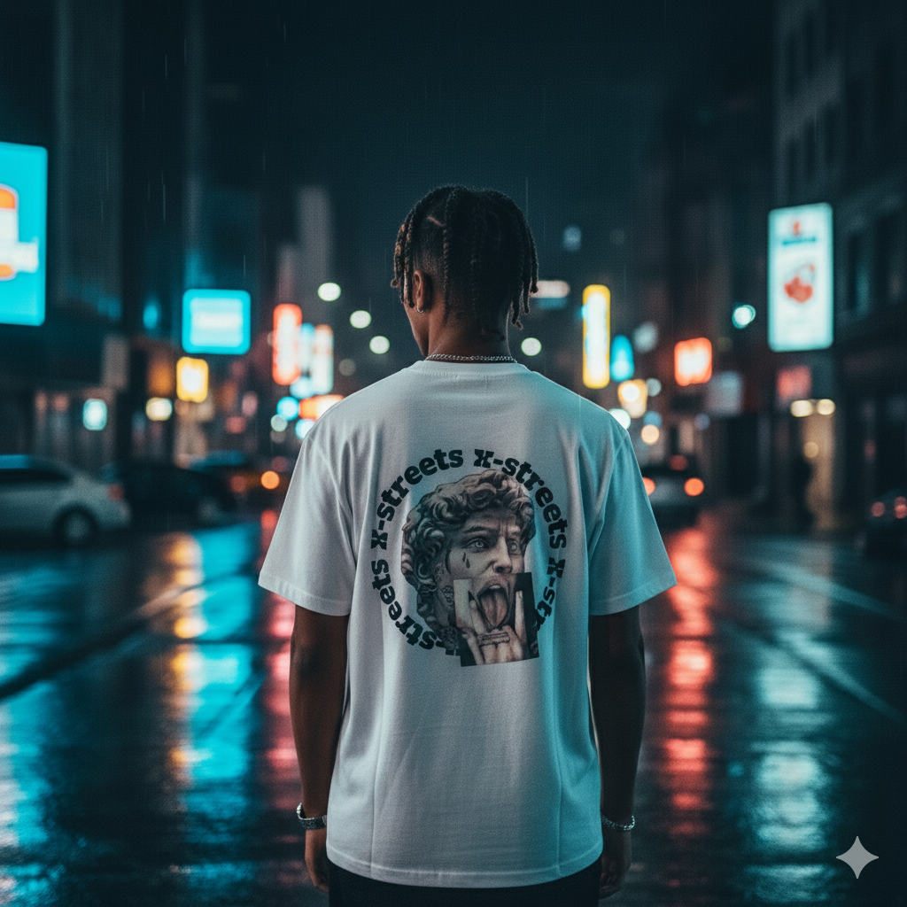 Back view of a male model with dreadlocks, standing in a rainy, neon-lit urban alley at night. He is wearing a white t-shirt with a detailed backprint featuring a classical sculpture's head with a playful, modern twist. The scene emphasizes a cool, atmospheric streetwear aesthetic.