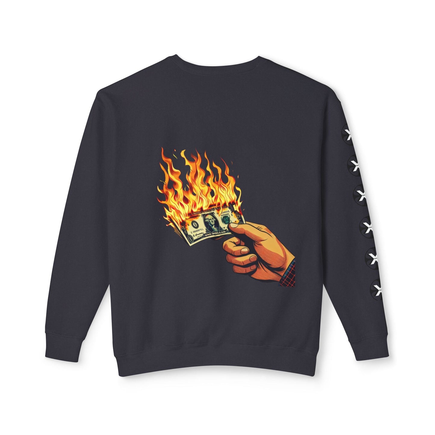 Oversized streetwear sweater by x-streets with “Burning Cash” print – white base, front and back design, bold and sustainably made.