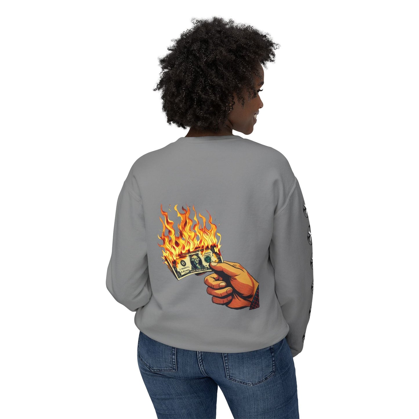 Oversized streetwear sweater by x-streets with “Burning Cash” print – white base, front and back design, bold and sustainably made.