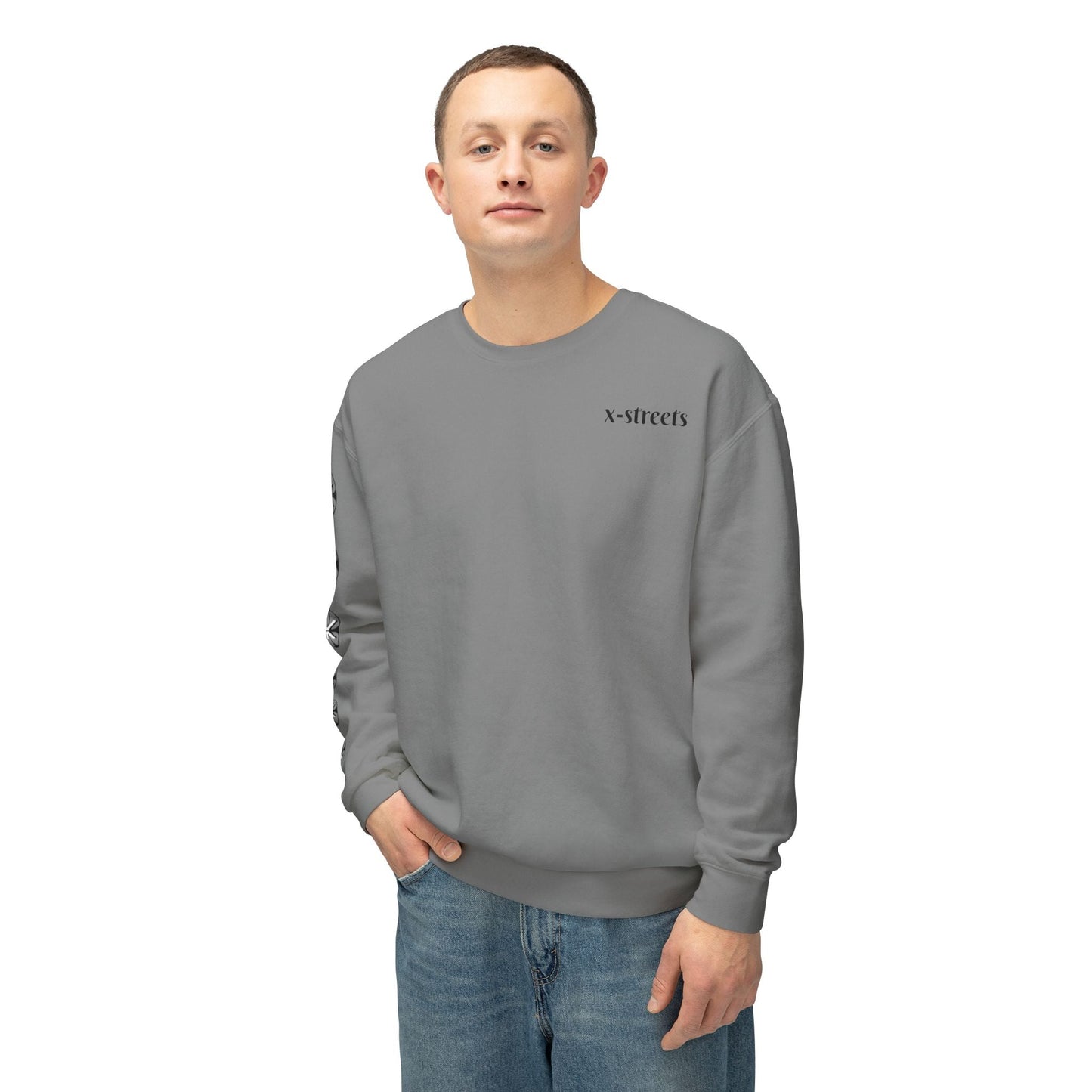 Oversized streetwear sweater by x-streets with “Burning Cash” print – white base, front and back design, bold and sustainably made.