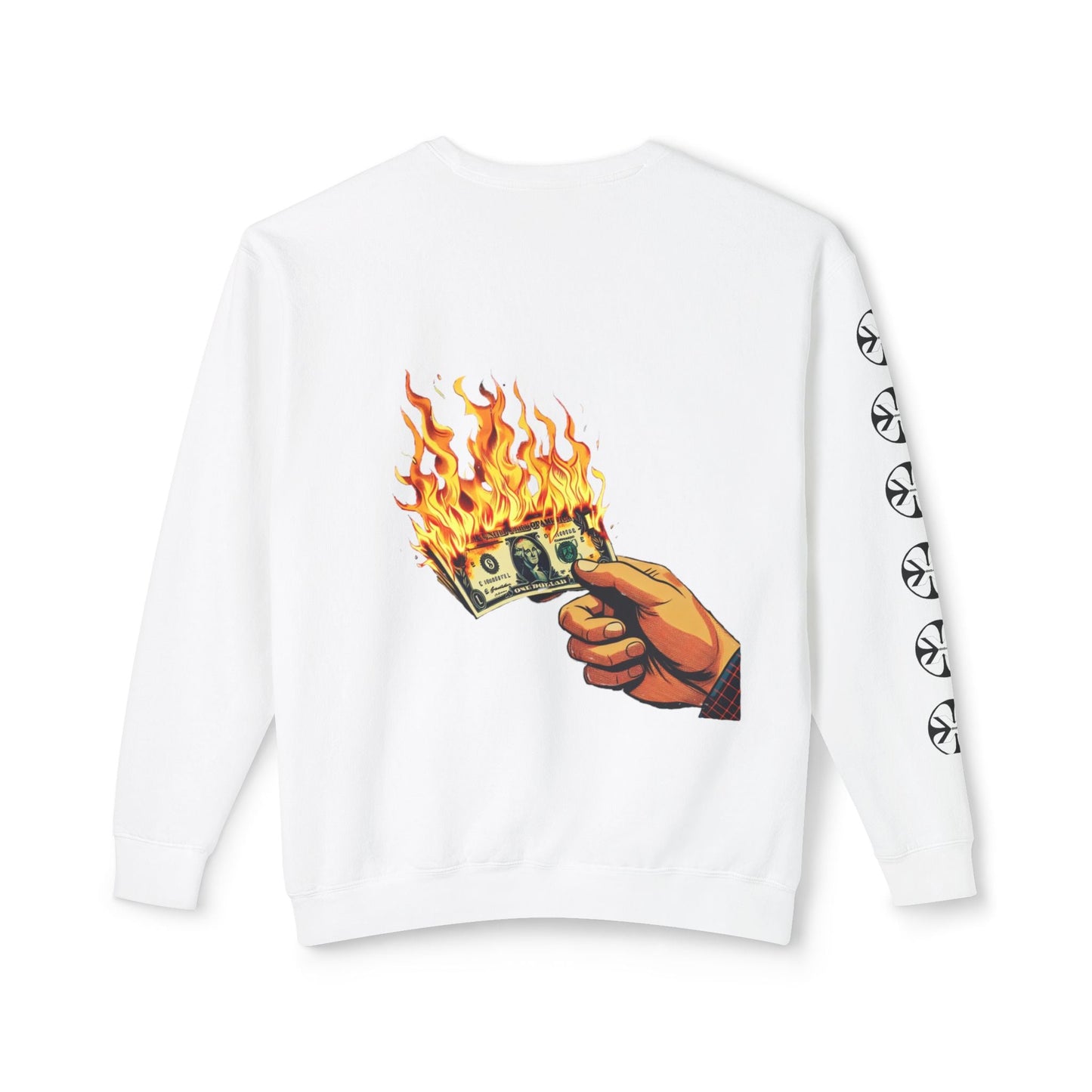 Oversized streetwear sweater by x-streets with “Burning Cash” print – white base, front and back design, bold and sustainably made.
