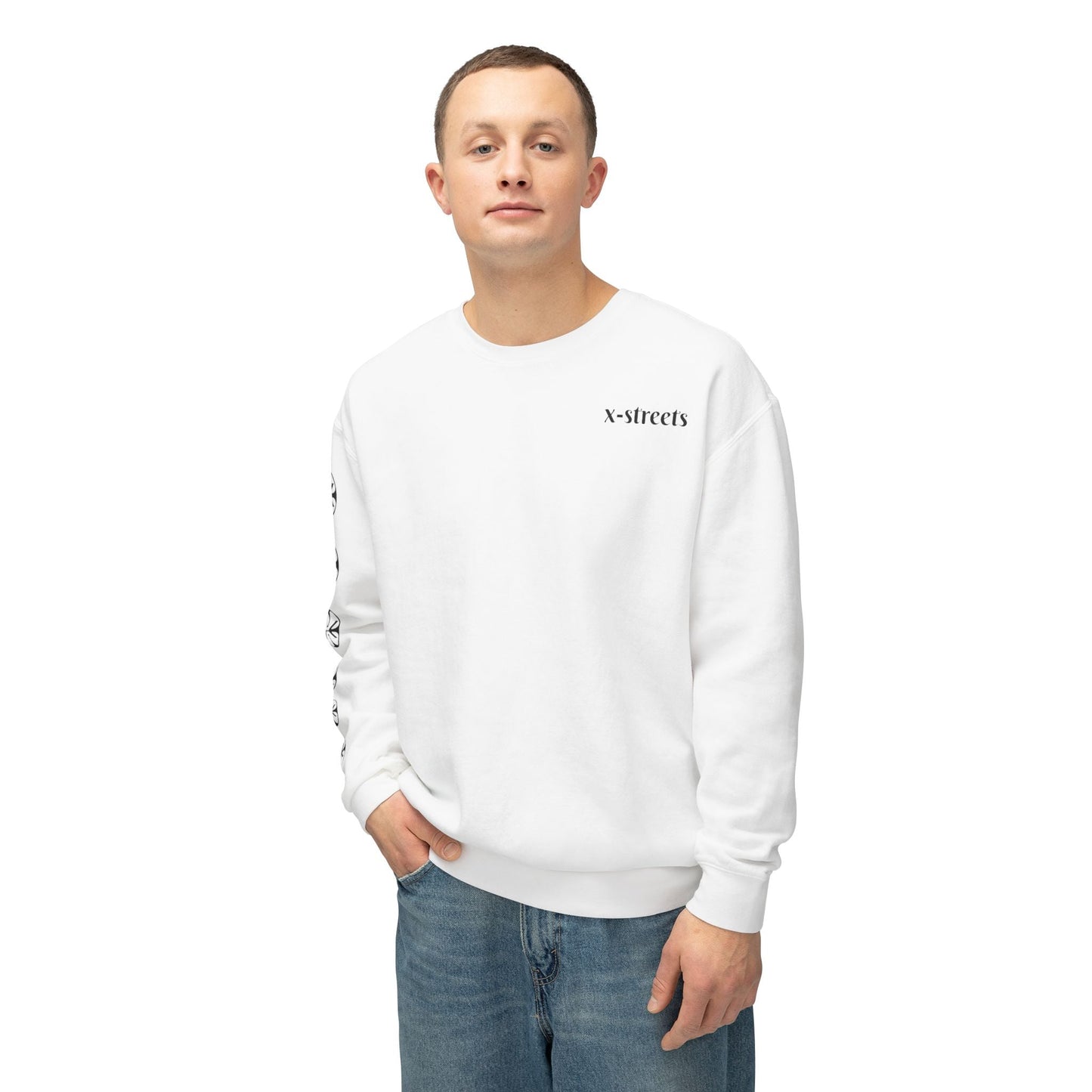 Oversized streetwear sweater by x-streets with “Burning Cash” print – white base, front and back design, bold and sustainably made.