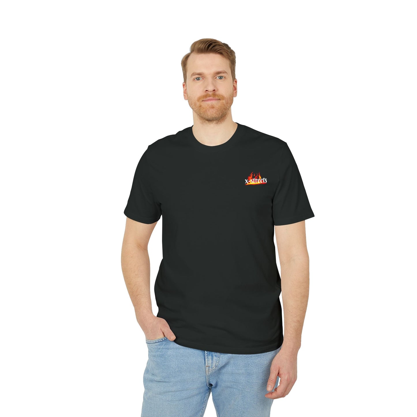 Oversized t-shirt by x-streets with bold flame front print – made from 100% organic cotton, minimalist fire design, clean streetwear fit.