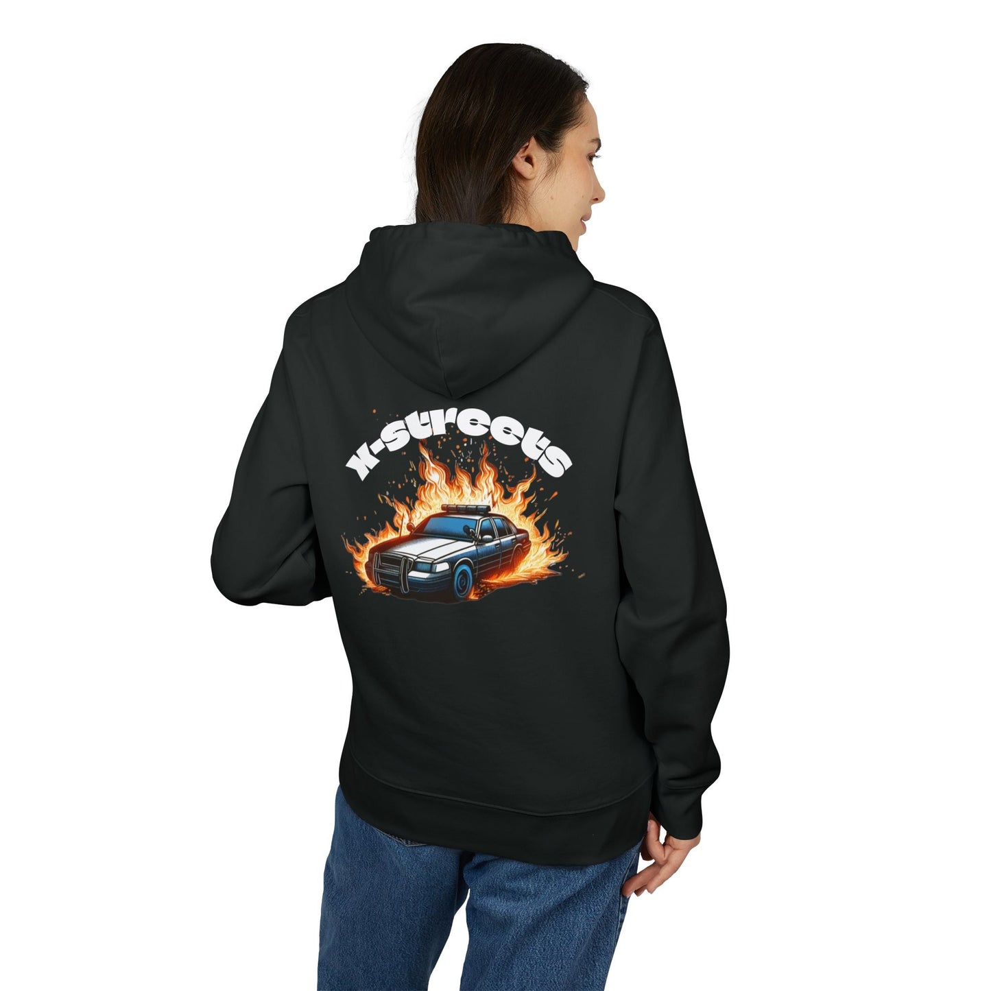Oversized organic hoodie by x-streets with “Burnout” design – flame and speed-inspired print, organic and recycled materials, EU-made streetwear.