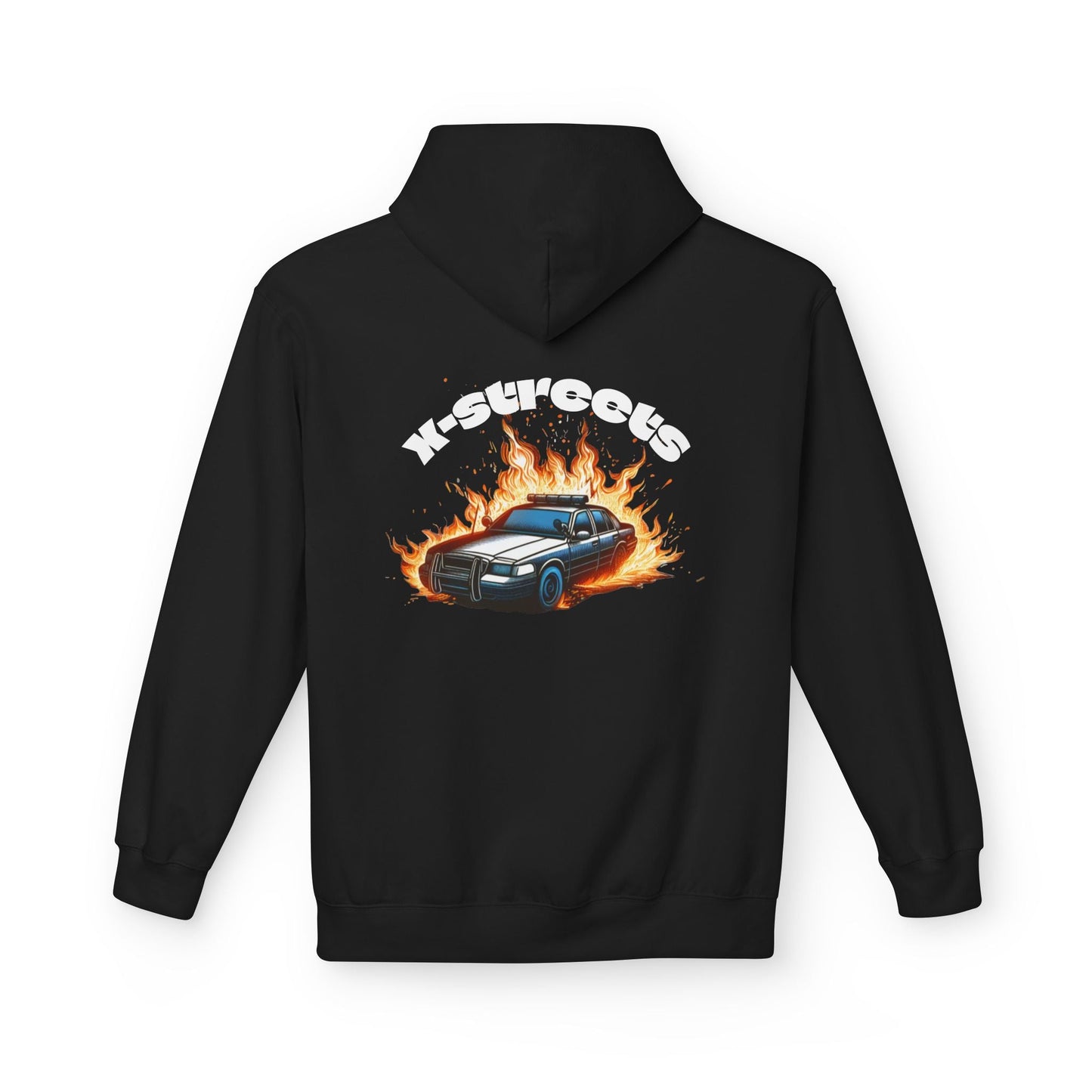 Oversized organic hoodie by x-streets with “Burnout” design – flame and speed-inspired print, organic and recycled materials, EU-made streetwear.