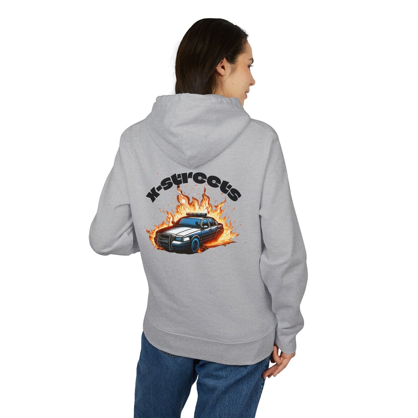Oversized organic hoodie by x-streets with “Burnout” design – flame and speed-inspired print, organic and recycled materials, EU-made streetwear.