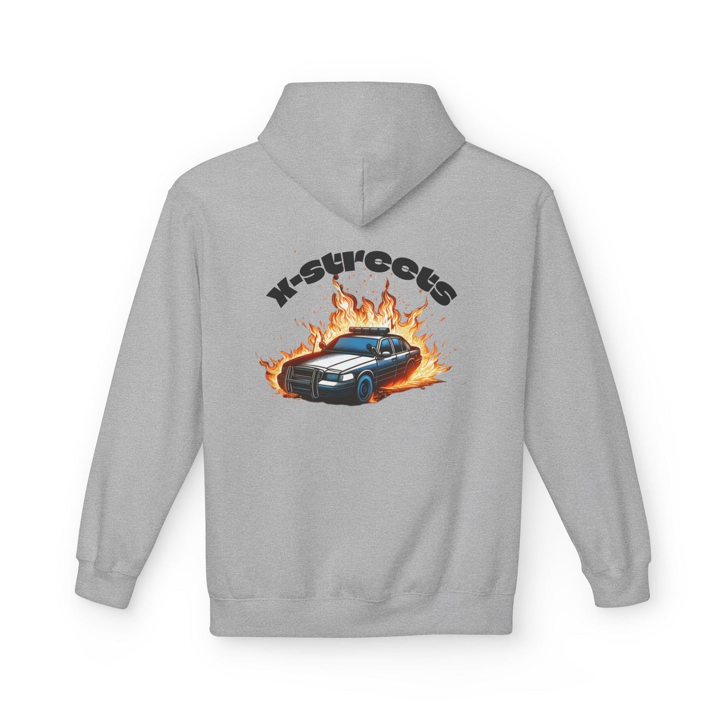 Oversized organic hoodie by x-streets with “Burnout” design – flame and speed-inspired print, organic and recycled materials, EU-made streetwear.