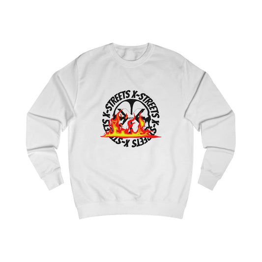 Oversized streetwear sweater by x-streets with “Circle Flame” design – bold flame print on back, organic cotton blend, EU-made streetwear.