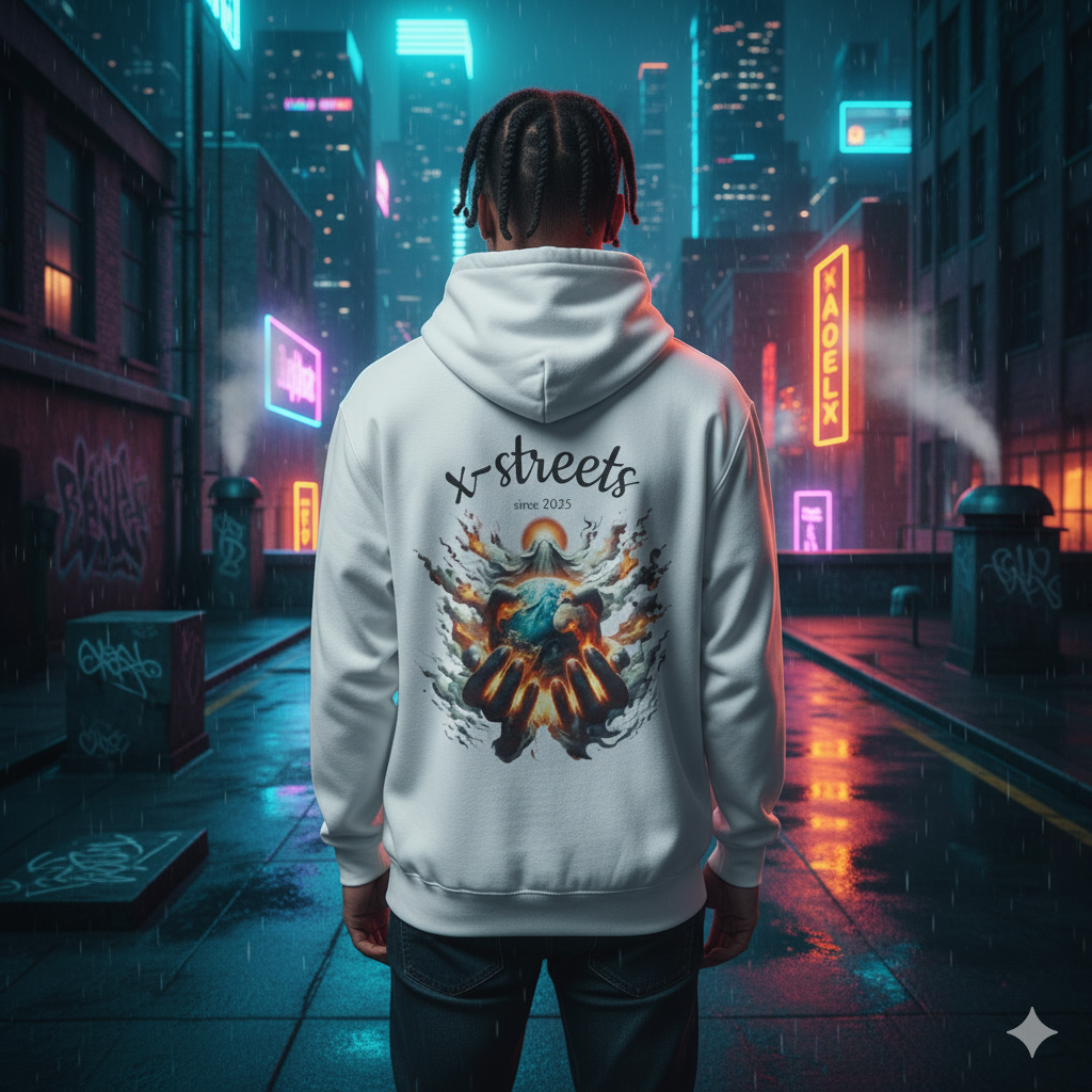 Rear view of a person with dreadlocks wearing a white hoodie with a vibrant backprint of hands holding a glowing earth surrounded by smoke and the text 'x-streets since 2025'. The person stands in a rainy, neon-lit cyberpunk alleyway with graffiti-covered walls and distant city buildings, creating a modern streetwear aesthetic.