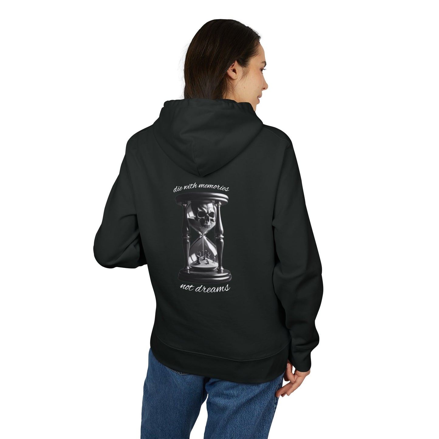 Oversized hoodie by x-streets with “Die With Memories” design – bold front and back print, organic and recycled materials, EU-made streetwear.