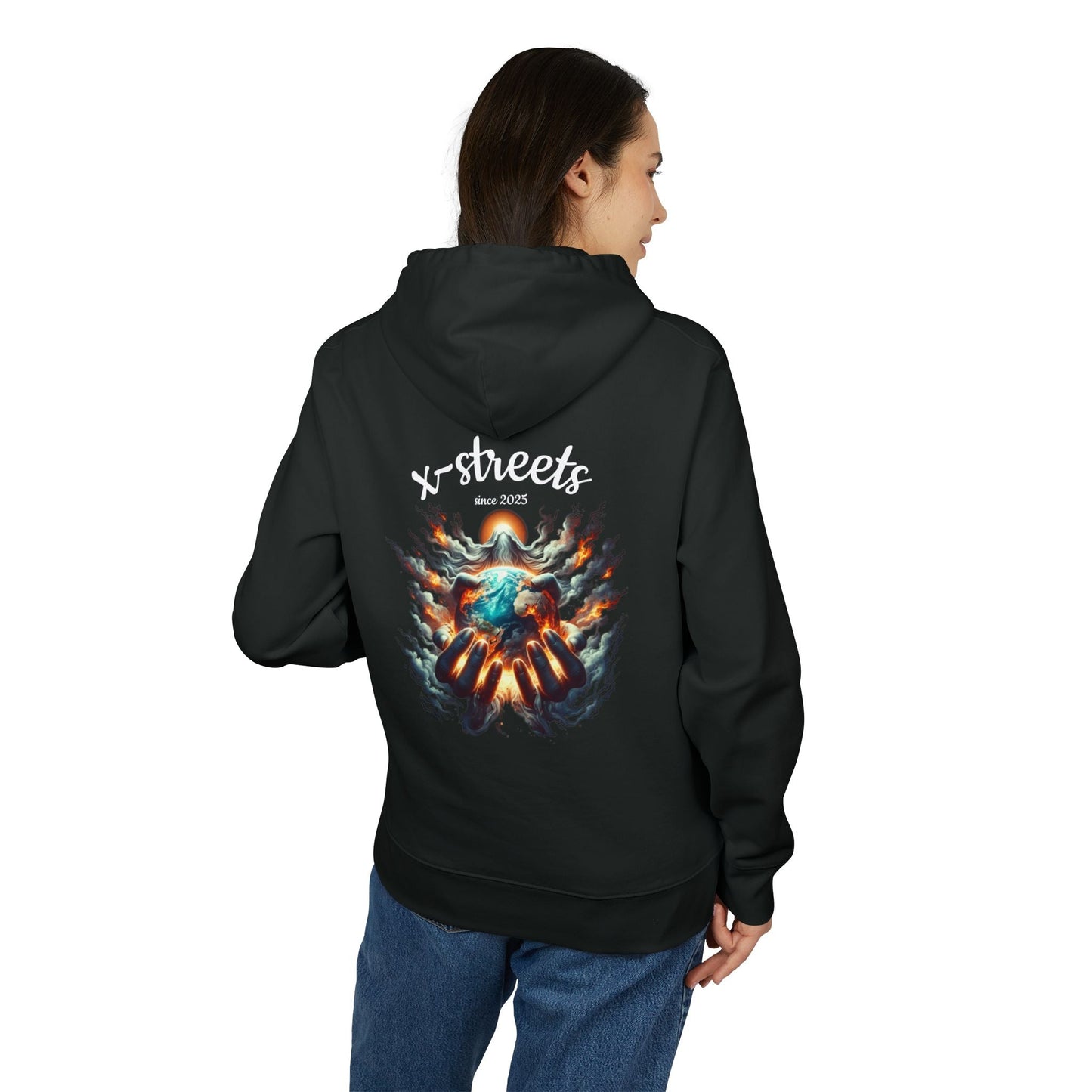 Oversized streetwear hoodie by x-streets with “Gods Flame” design – divine and rebellious back print, organic and recycled materials, EU-made.