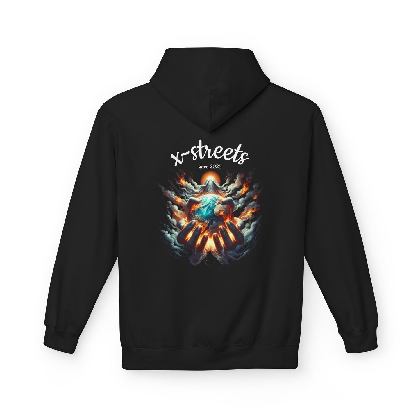 Oversized streetwear hoodie by x-streets with “Gods Flame” design – divine and rebellious back print, organic and recycled materials, EU-made.