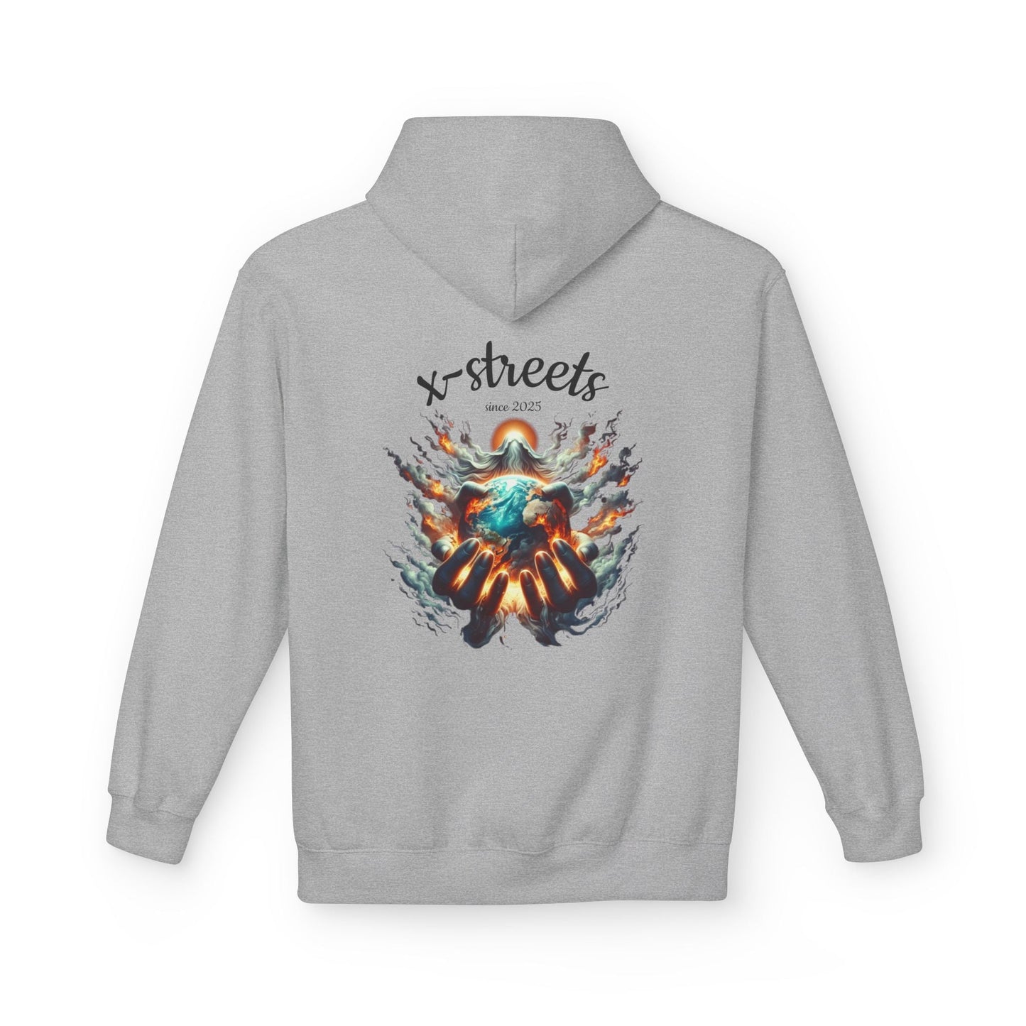 Oversized streetwear hoodie by x-streets with “Gods Flame” design – divine and rebellious back print, organic and recycled materials, EU-made.