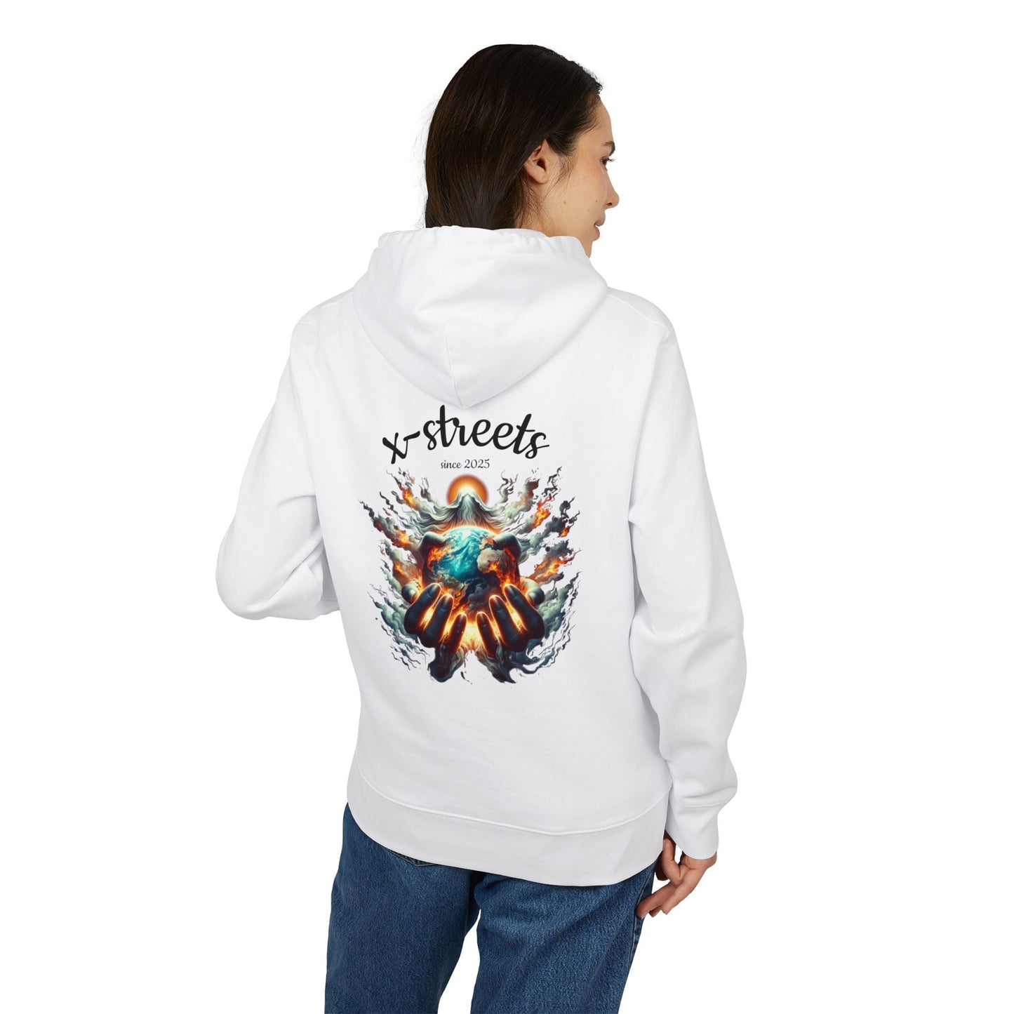 Oversized streetwear hoodie by x-streets with “Gods Flame” design – divine and rebellious back print, organic and recycled materials, EU-made.