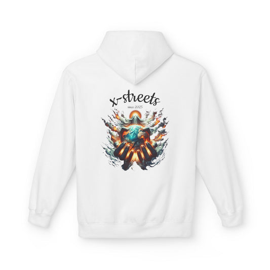 Oversized streetwear hoodie by x-streets with “Gods Flame” design – divine and rebellious back print, organic and recycled materials, EU-made.