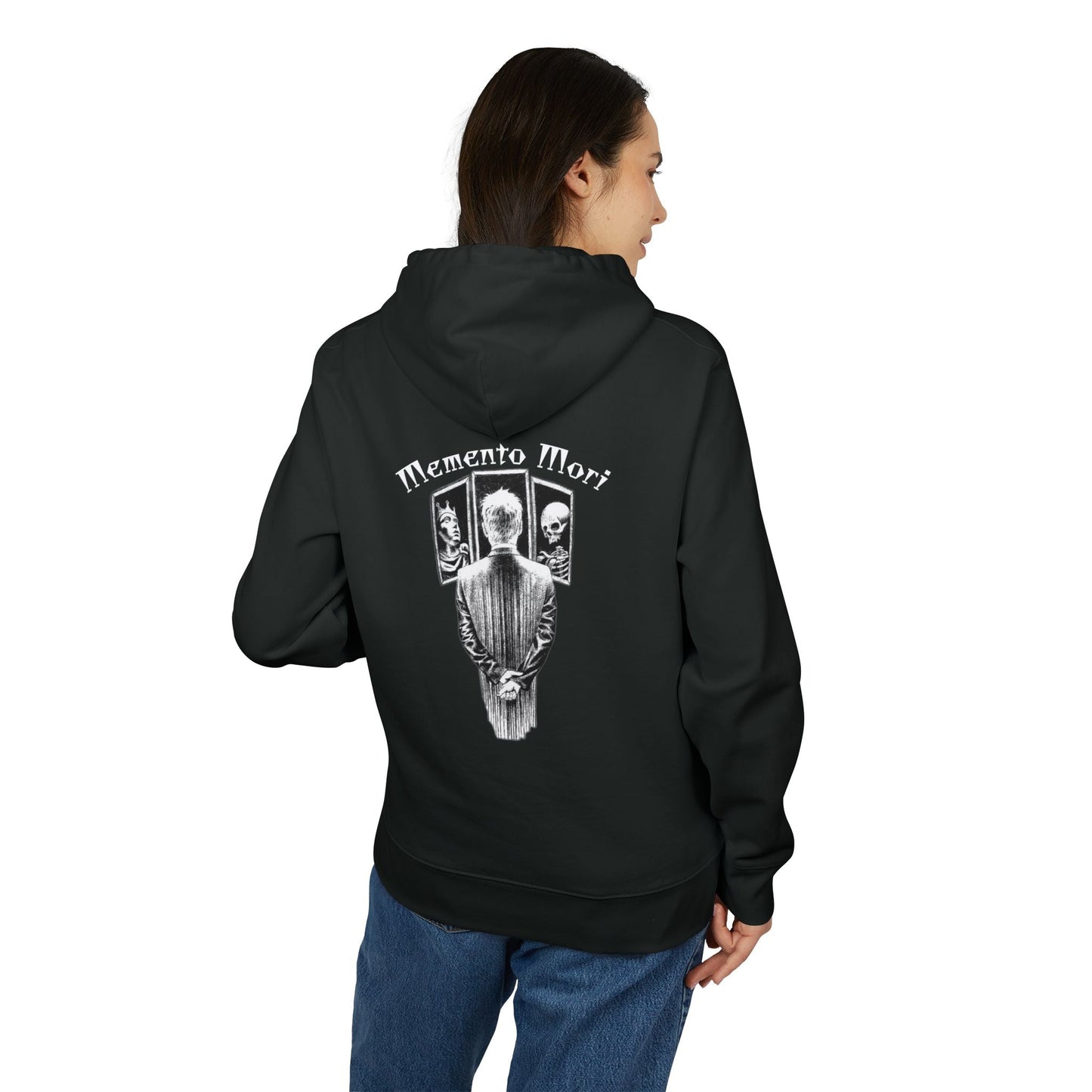 Oversized hoodie by x-streets with “Memento Mori” backprint – minimalist front, heavy quality organic hoodie with timeless symbolism.