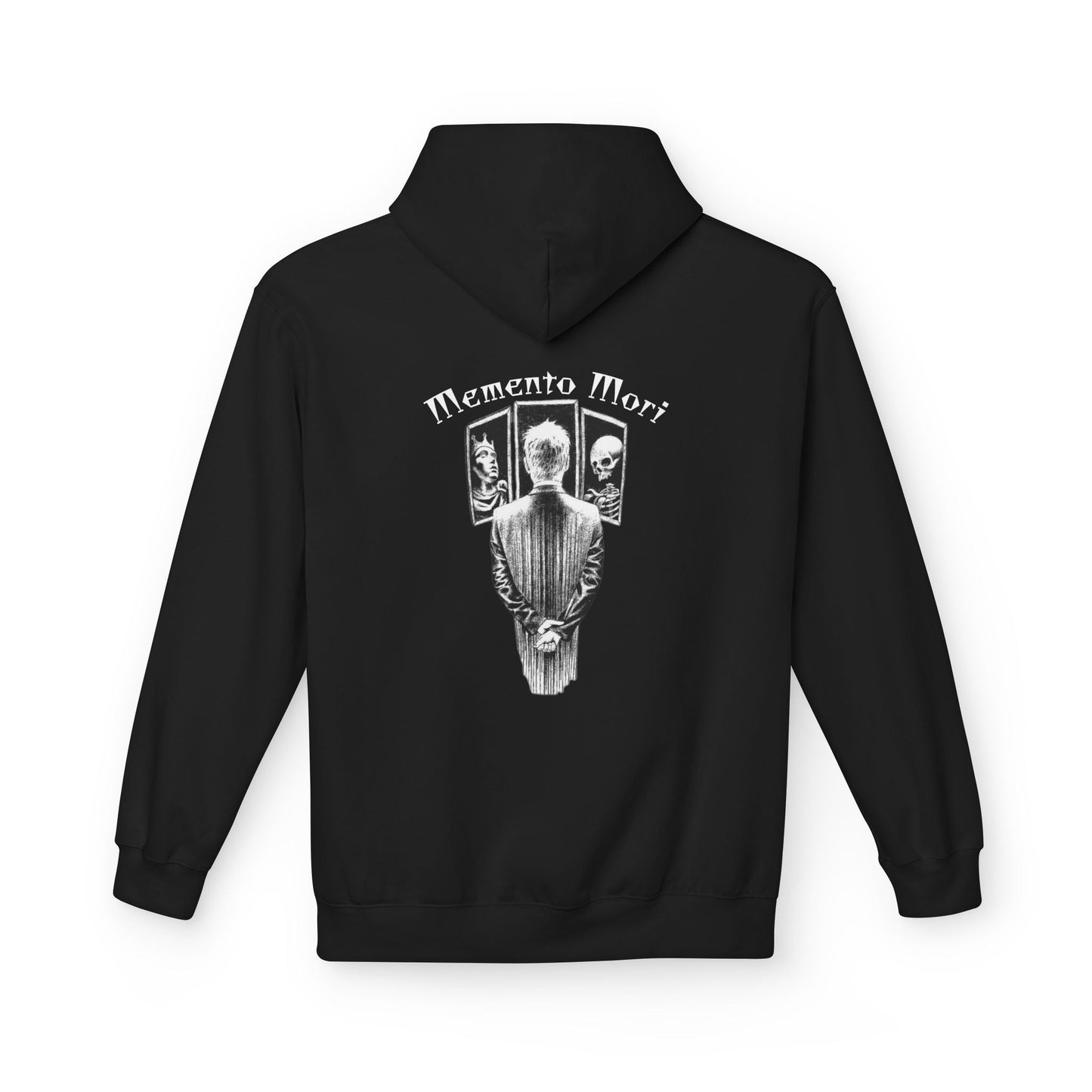 Oversized hoodie by x-streets with “Memento Mori” backprint – minimalist front, heavy quality organic hoodie with timeless symbolism.