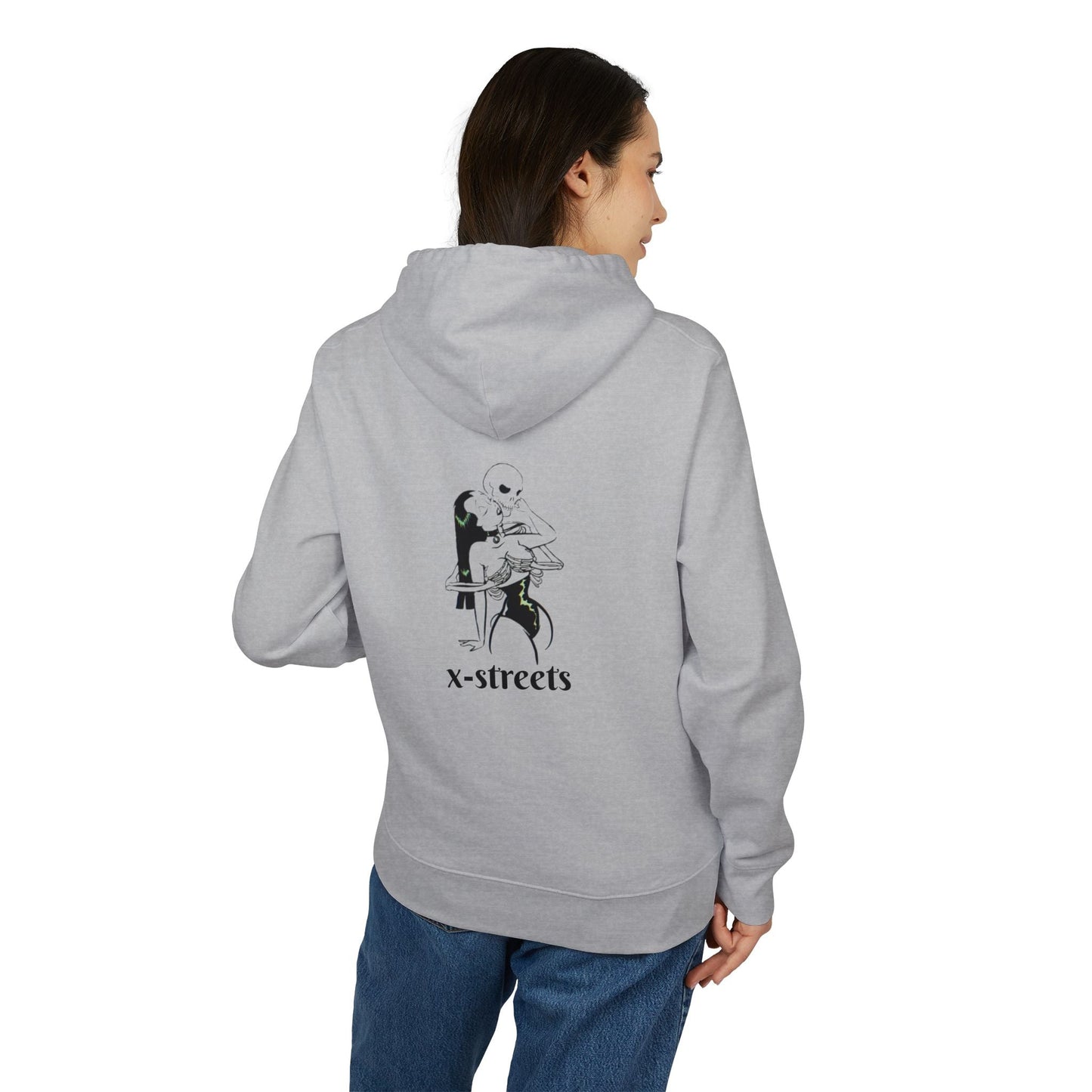 Black oversized hoodie by x-streets with deep symbolic print – bold streetwear made from organic materials, crafted for those who face the void with style.
