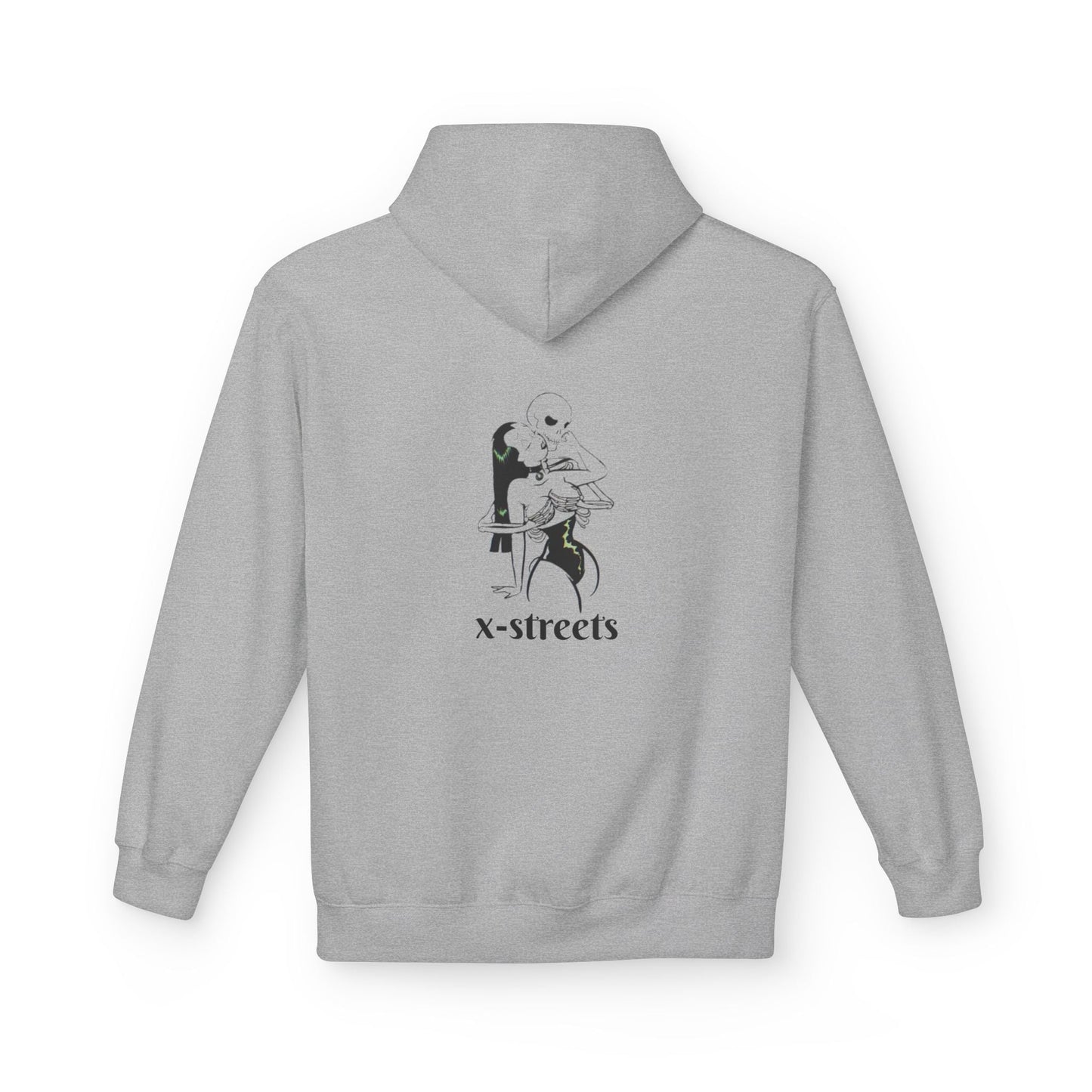 Black oversized hoodie by x-streets with deep symbolic print – bold streetwear made from organic materials, crafted for those who face the void with style.