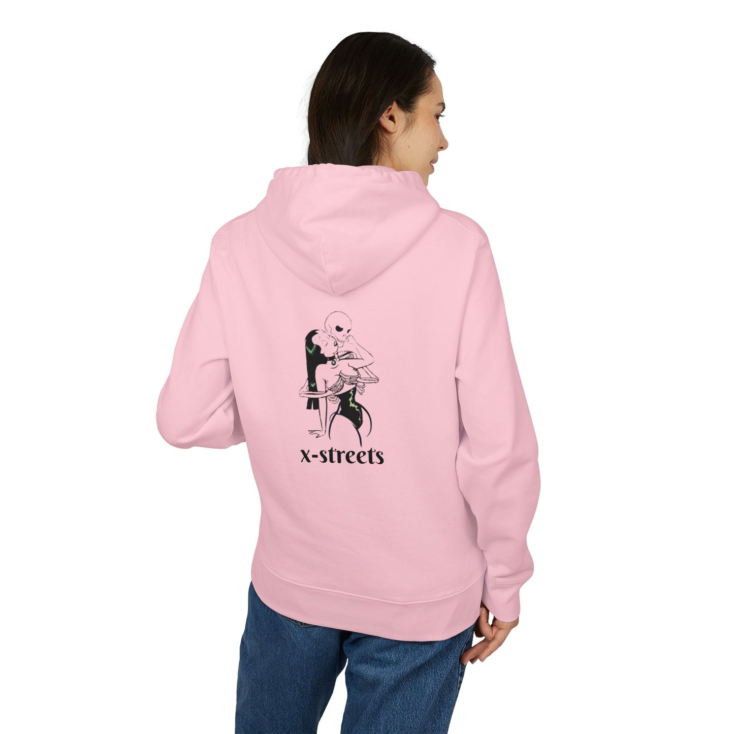 Black oversized hoodie by x-streets with deep symbolic print – bold streetwear made from organic materials, crafted for those who face the void with style.