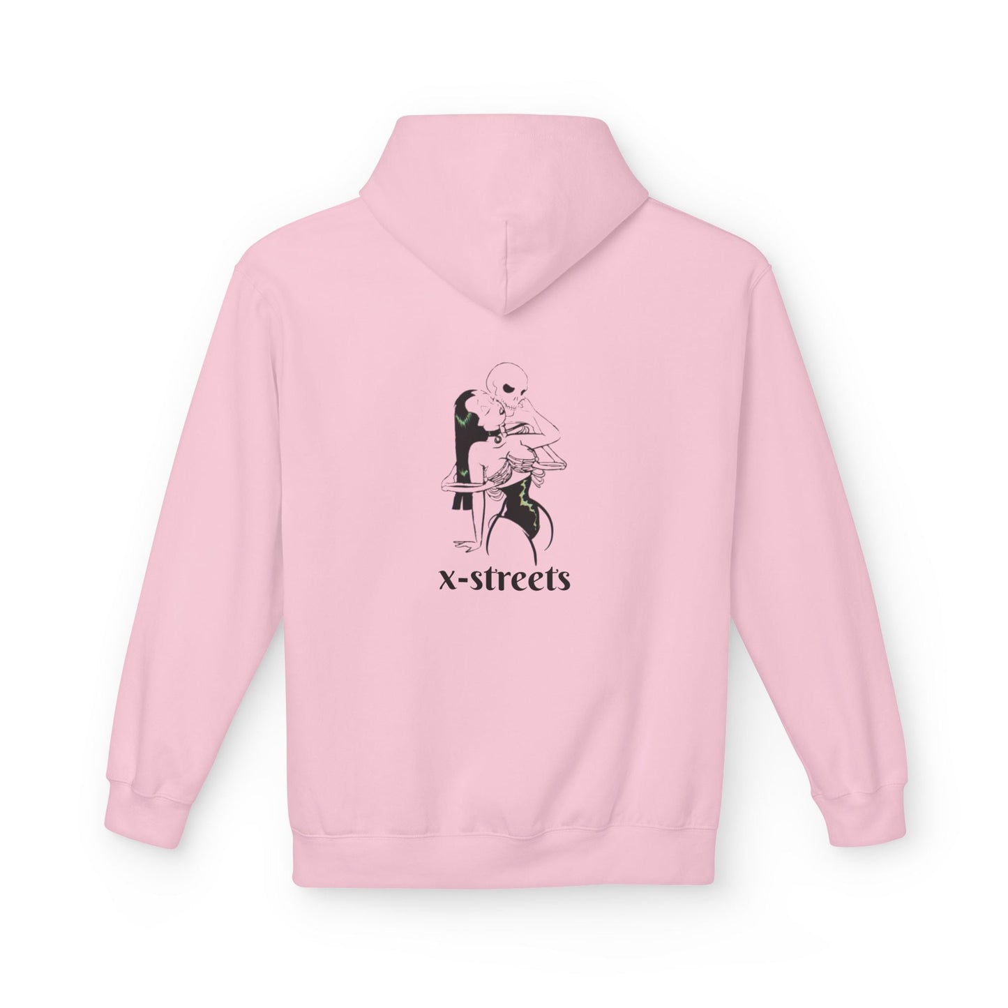 Black oversized hoodie by x-streets with deep symbolic print – bold streetwear made from organic materials, crafted for those who face the void with style.