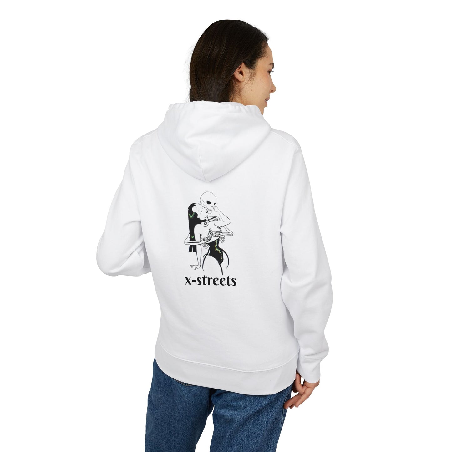 Black oversized hoodie by x-streets with deep symbolic print – bold streetwear made from organic materials, crafted for those who face the void with style.