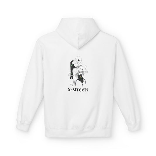 Black oversized hoodie by x-streets with deep symbolic print – bold streetwear made from organic materials, crafted for those who face the void with style.