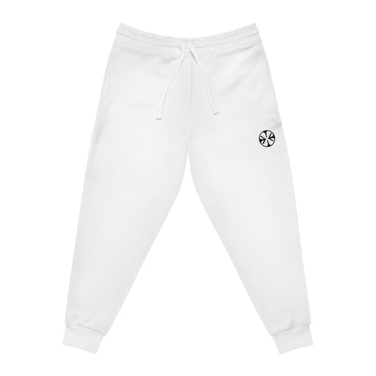 White athletic joggers by x-streets with bold “RISK” leg print – tapered unisex fit, sublimation print, made for fearless streetwear statements.