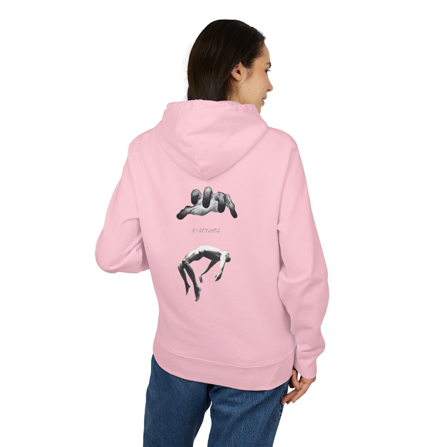 Oversized hoodie by x-streets with “Soul’s Call” print – spiritual design, organic cotton and recycled polyester blend, ethical EU streetwear.