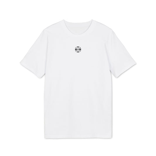 White oversized t-shirt by x-streets with spiritual front and back print – made from 100% organic cotton, bold message, clean streetwear silhouette.
