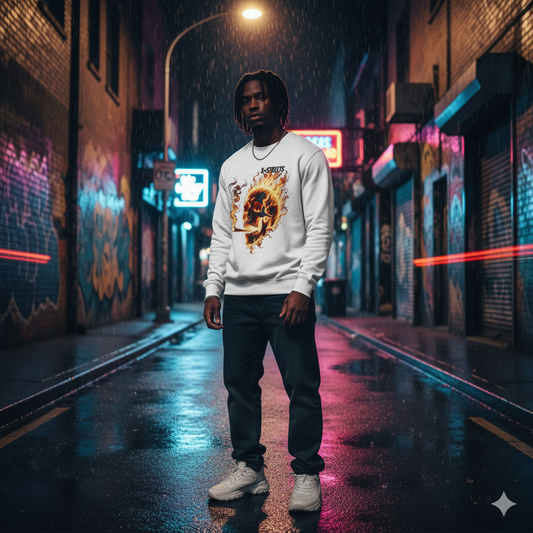 Front view of a male model with dreadlocks, wearing a white streetwear sweater featuring a flaming skull design by X-Streets, paired with dark baggy jeans and white sneakers. The model stands in an atmospheric, neon-lit alleyway with graffiti-covered walls, emphasizing a professional and enticing urban aesthetic.