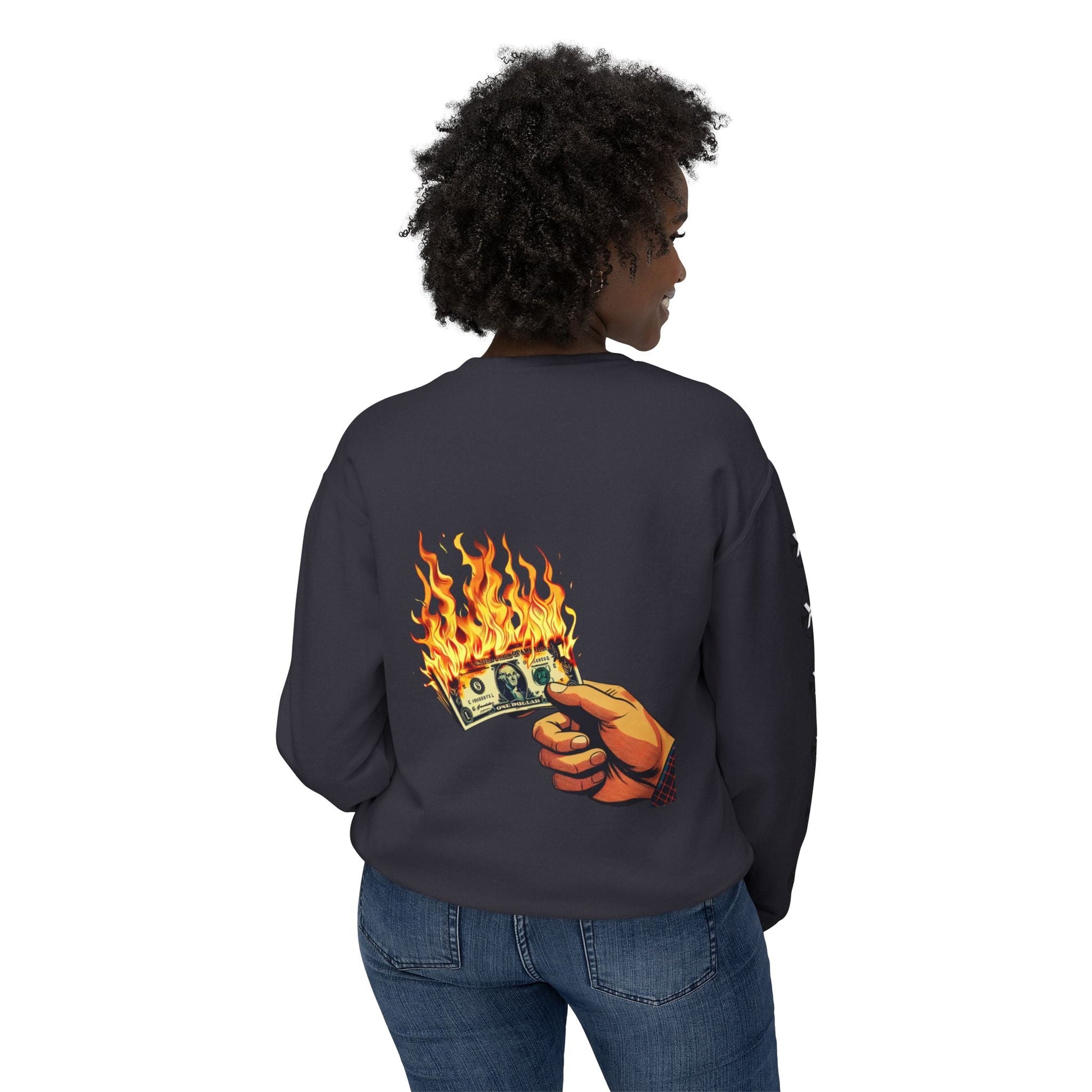 Oversized streetwear sweater by x-streets with “Burning Cash” print – white base, front and back design, bold and sustainably made.