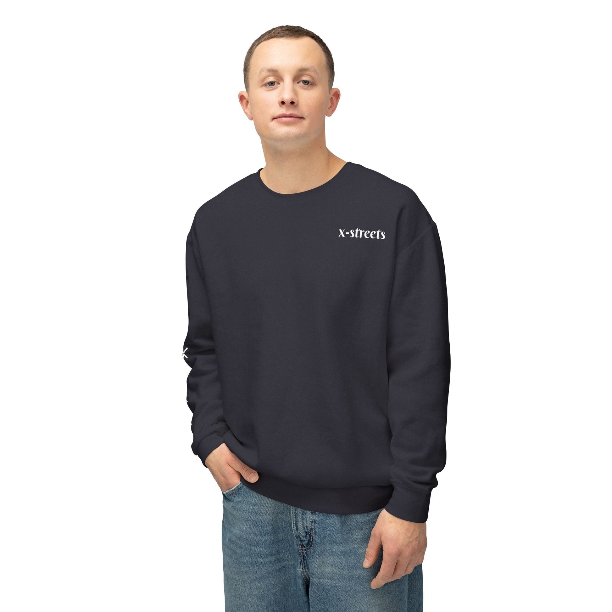 Oversized streetwear sweater by x-streets with “Burning Cash” print – white base, front and back design, bold and sustainably made.