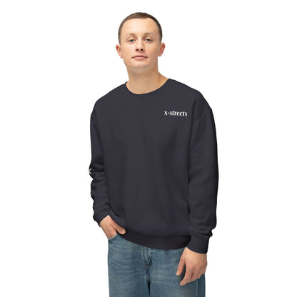 Oversized streetwear sweater by x-streets with “Burning Cash” print – white base, front and back design, bold and sustainably made.