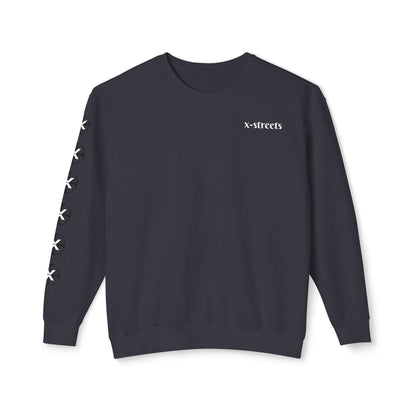 Oversized streetwear sweater by x-streets with “Burning Cash” print – white base, front and back design, bold and sustainably made.