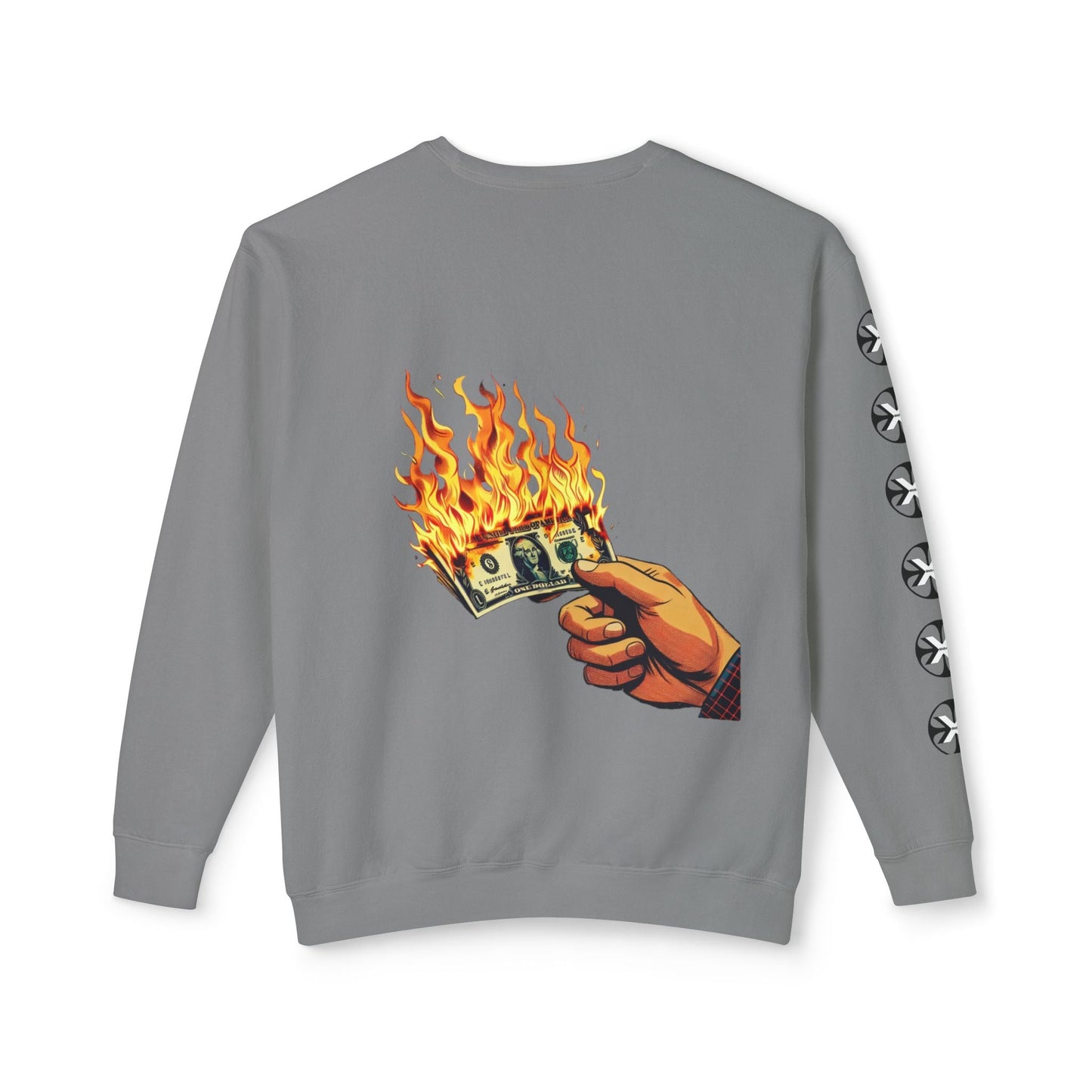 Oversized streetwear sweater by x-streets with “Burning Cash” print – white base, front and back design, bold and sustainably made.