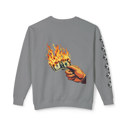 Oversized streetwear sweater by x-streets with “Burning Cash” print – white base, front and back design, bold and sustainably made.