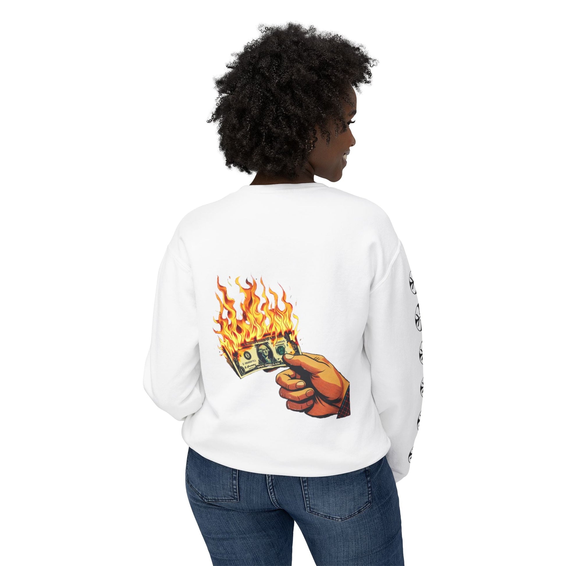 Oversized streetwear sweater by x-streets with “Burning Cash” print – white base, front and back design, bold and sustainably made.
