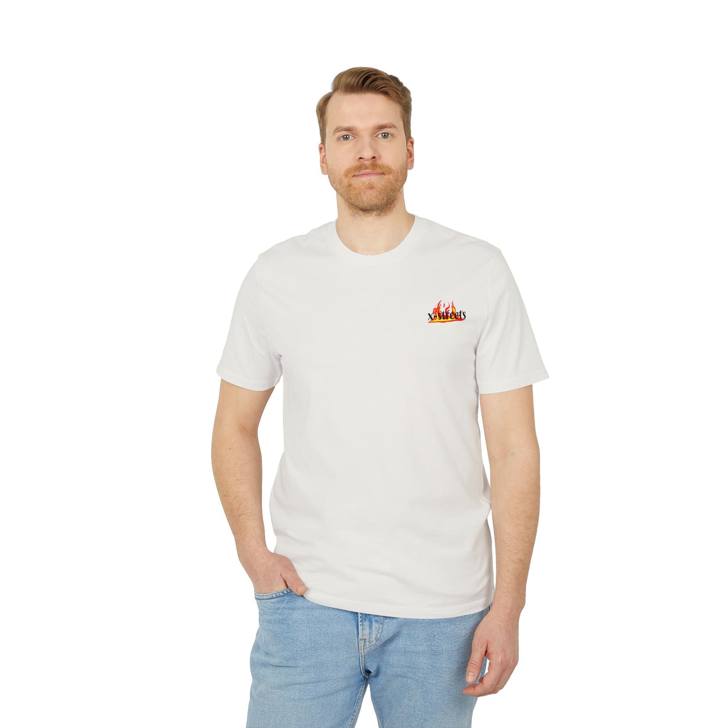 Oversized t-shirt by x-streets with bold flame front print – made from 100% organic cotton, minimalist fire design, clean streetwear fit.