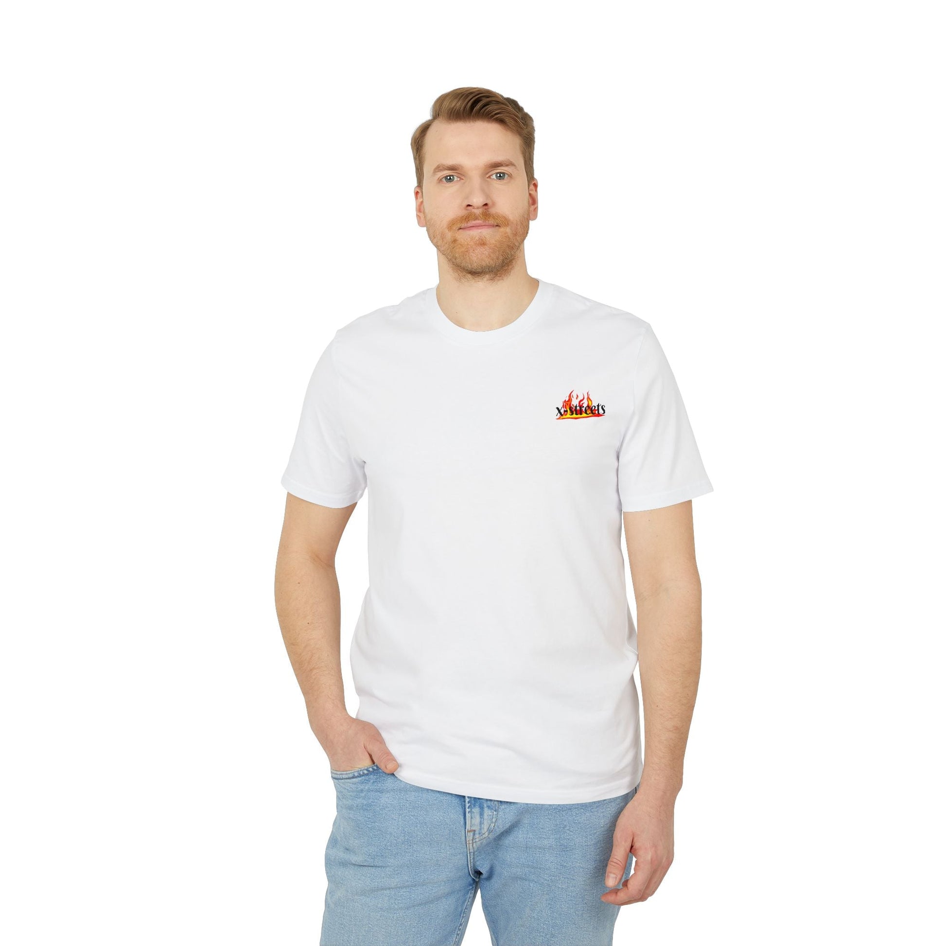 Oversized t-shirt by x-streets with bold flame front print – made from 100% organic cotton, minimalist fire design, clean streetwear fit.
