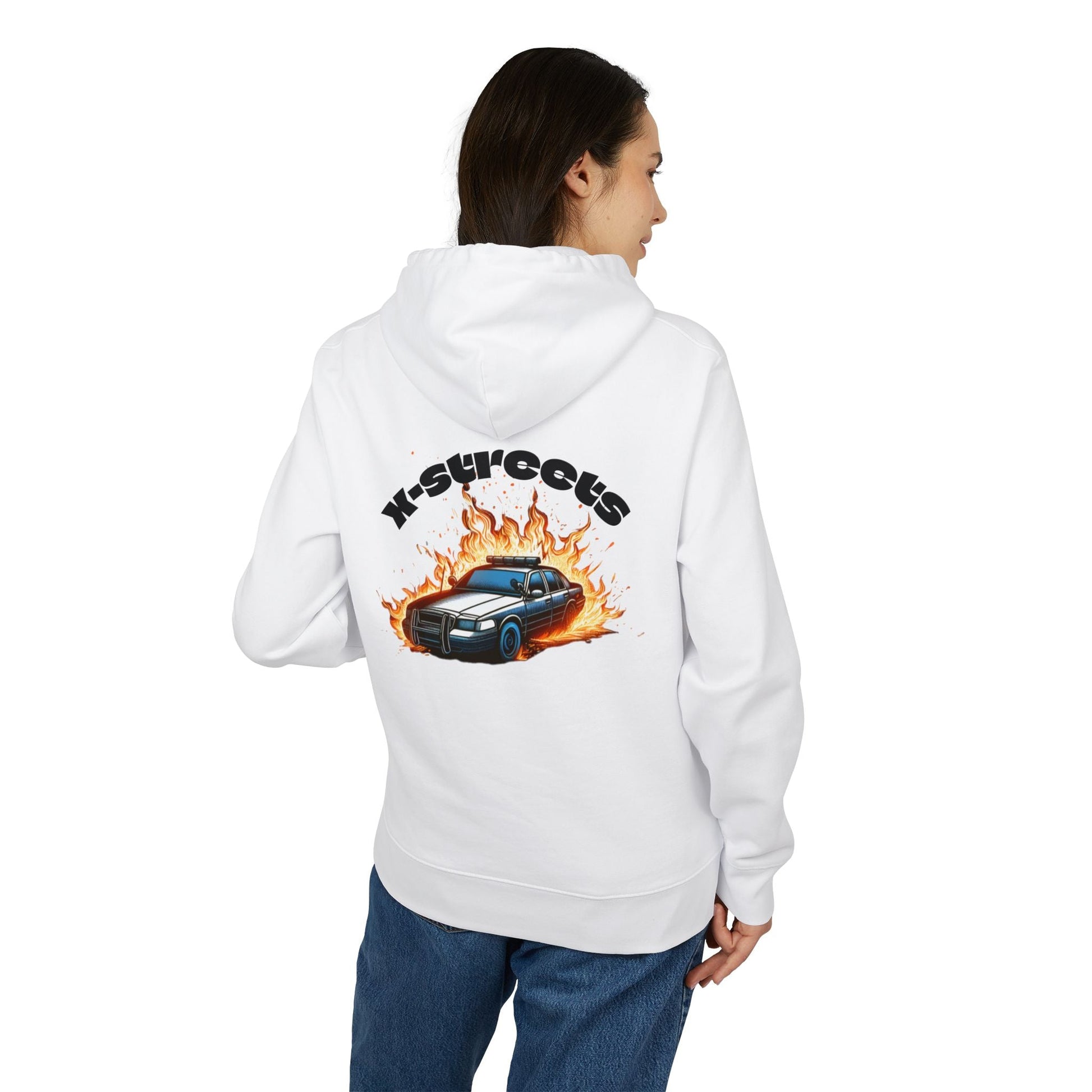 Oversized organic hoodie by x-streets with “Burnout” design – flame and speed-inspired print, organic and recycled materials, EU-made streetwear.
