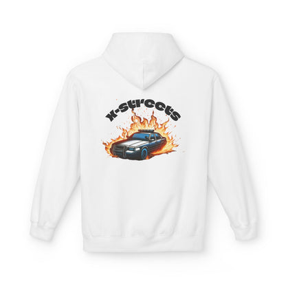 Oversized organic hoodie by x-streets with “Burnout” design – flame and speed-inspired print, organic and recycled materials, EU-made streetwear.