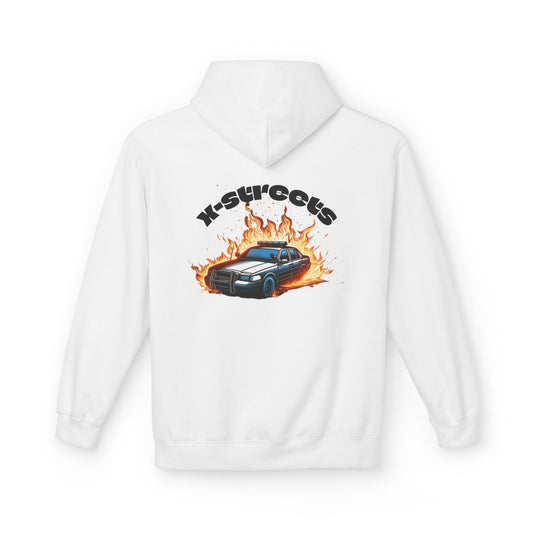 Oversized organic hoodie by x-streets with “Burnout” design – flame and speed-inspired print, organic and recycled materials, EU-made streetwear.