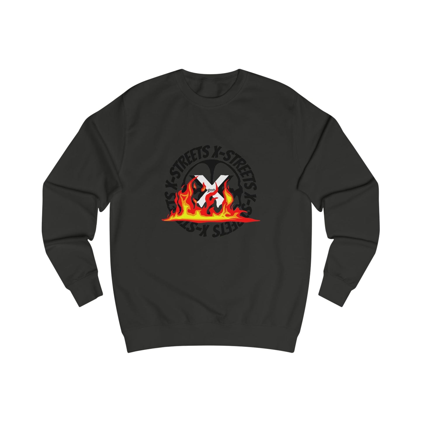 Oversized streetwear sweater by x-streets with “Circle Flame” design – bold flame print on back, organic cotton blend, EU-made streetwear.