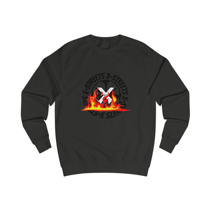 Oversized streetwear sweater by x-streets with “Circle Flame” design – bold flame print on back, organic cotton blend, EU-made streetwear.