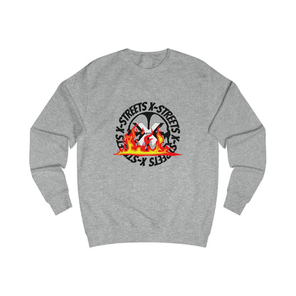 Oversized streetwear sweater by x-streets with “Circle Flame” design – bold flame print on back, organic cotton blend, EU-made streetwear.