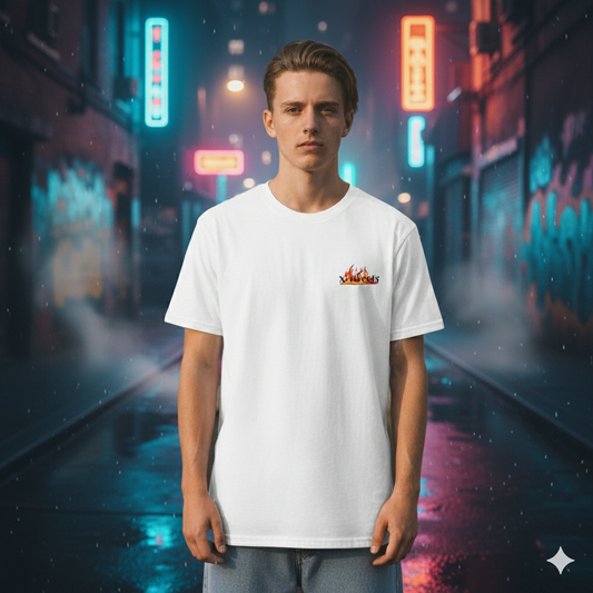 Front view of a model in an authentic streetwear setting, wearing a white oversized t-shirt with a small front print and baggy jeans. The focus is on the t-shirt to showcase the design and create a genuine streetwear atmosphere.