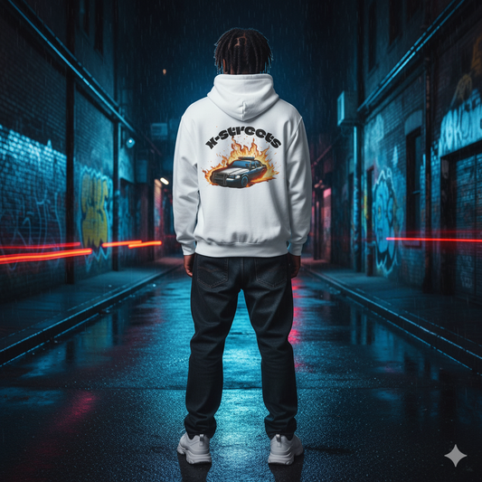 Product image of a white streetwear hoodie from X-Streets, worn by a model standing from behind in a rain-soaked, neon-lit alley. The hoodie features a back print of a burning police car and the 'X-Streets' logo. Perfect for urban streetwear fashion and an edgy look.