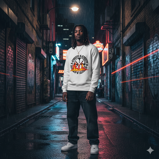 Front view of a male model with dreadlocks wearing a white X-Streets streetwear sweatshirt in Emmendingen, Germany. The sweater features a bold front print with the X-Streets logo, flames, and a distinctive graphic, styled for an authentic urban aesthetic to attract streetwear enthusiasts.