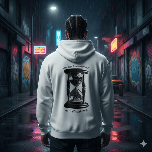 Shows the back of a male Model wearing Oversized hoodie by x-streets with “Die With Memories” design – bold front and back print, organic and recycled materials, EU-made streetwear.